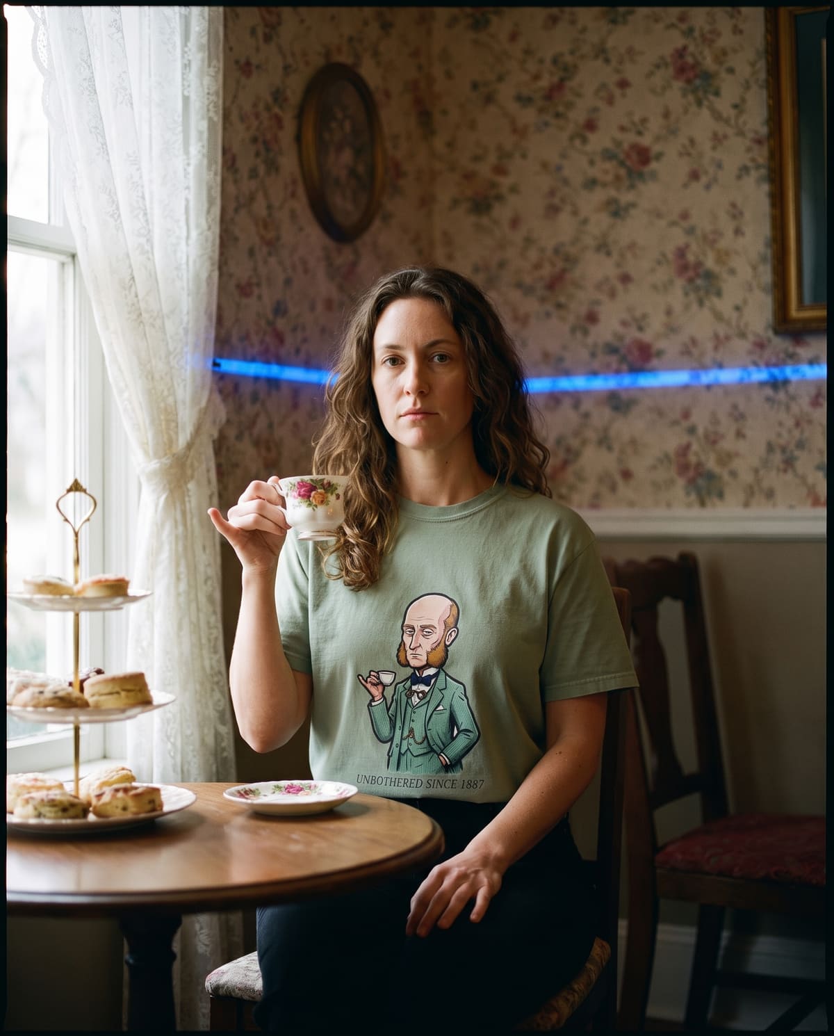 A woman in an old-fashioned tearoom with a cup raised, little finger out, wearing the sage Barnaby Crumpet, Unbothered tee