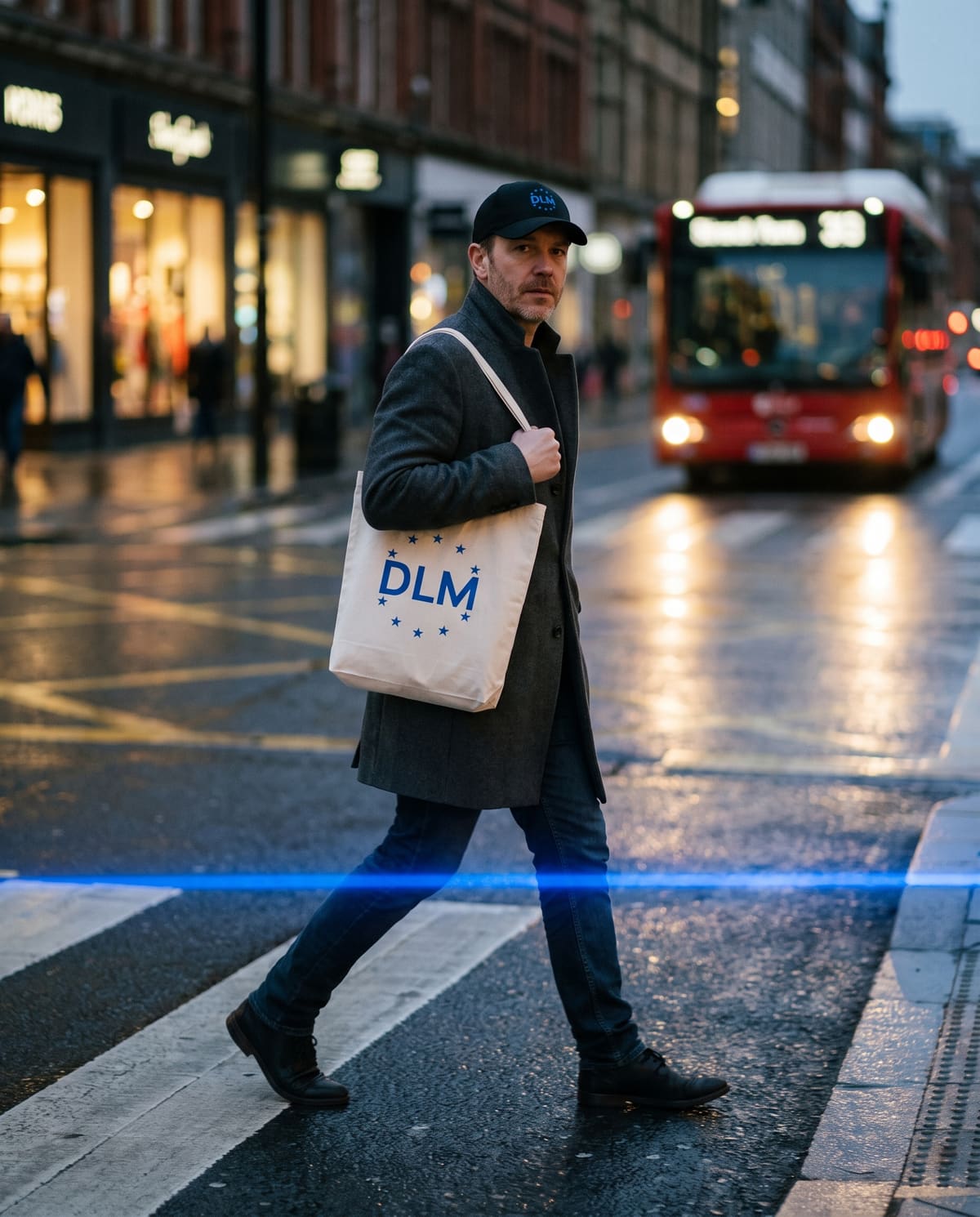 A man crossing a city street in the rain with the DLM star-ring tote over his shoulder and the DLM cap