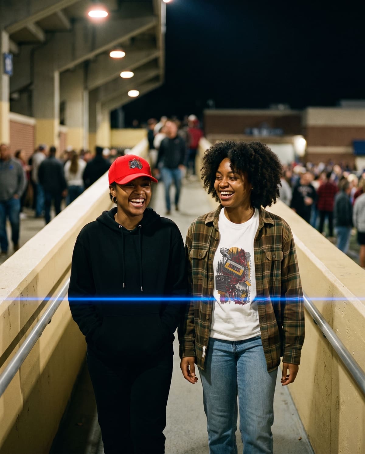 Two friends in a stadium concourse at night, one in the red Bar-for-Bar Heads cap and one in the Flannel-Era Faithful tee