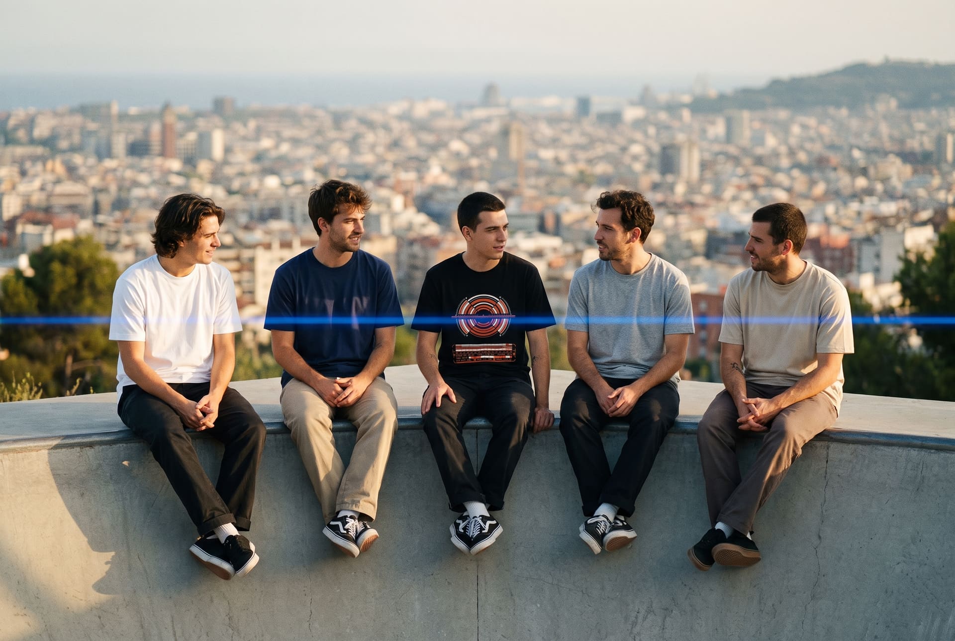 Five friends on a concrete ledge at golden hour in heavyweight tees in black, sand, navy, heather grey and white; the black tee carries the Carrier Wave print