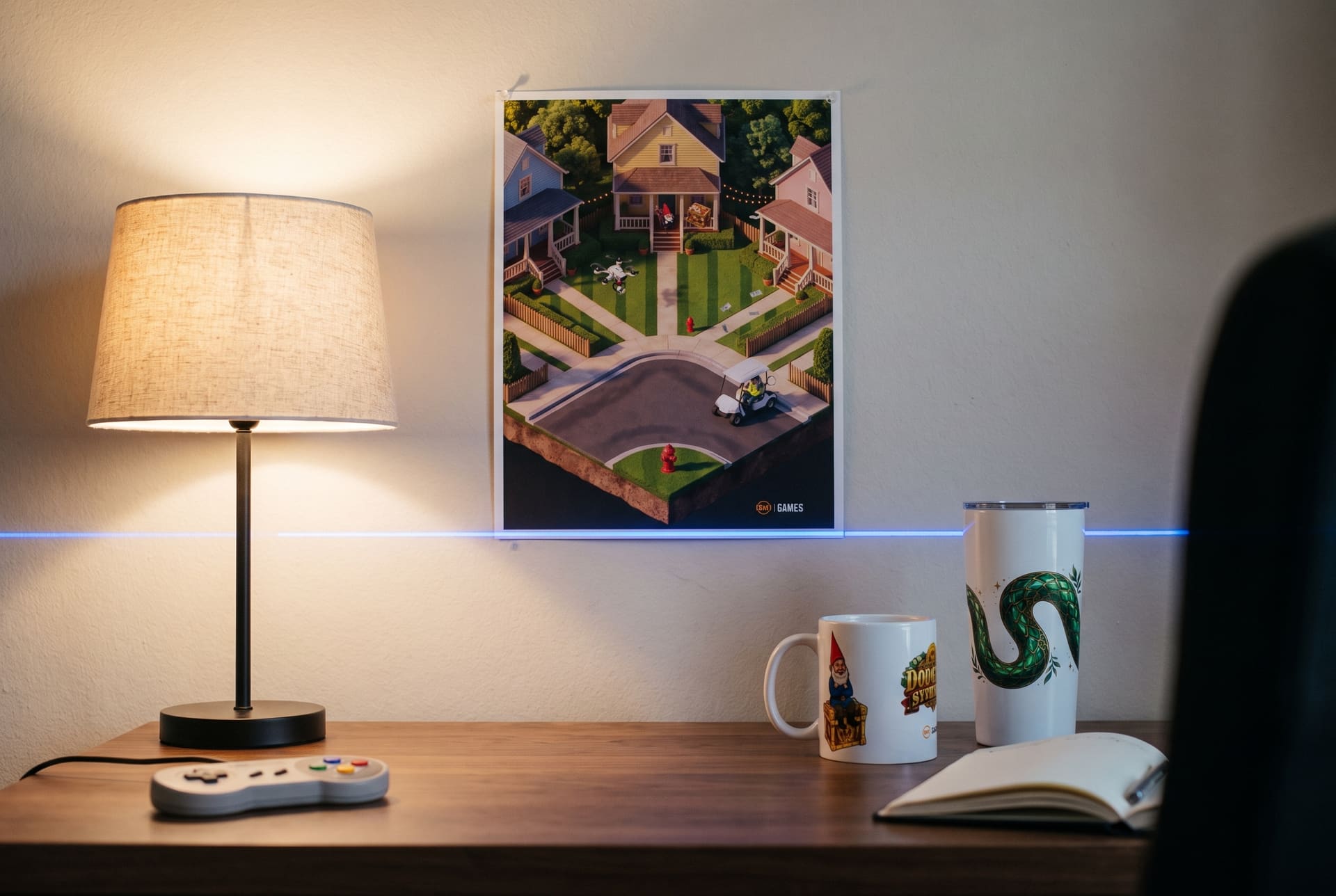 A home office: the 17 Rue de Suburbia print pinned to the wall, the gnome mug and the emerald serpent tumbler on the desk