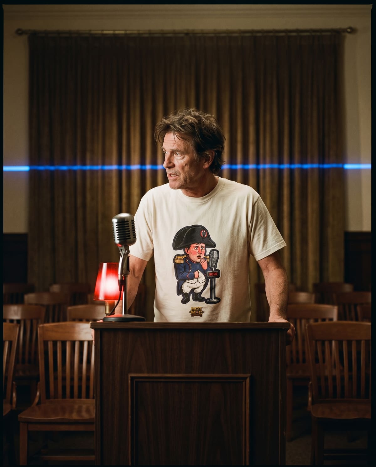 A man at a press-room podium leaning toward a vintage chrome microphone with a red lamp lit, wearing the Napoleon, On Air tee
