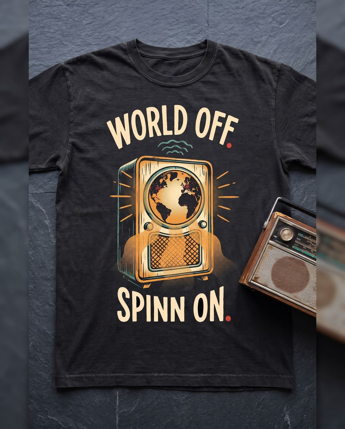 A washed black tee on slate beside a small transistor radio, printed with a tube radio whose dial is a glowing globe and the words World off. Spinn on.