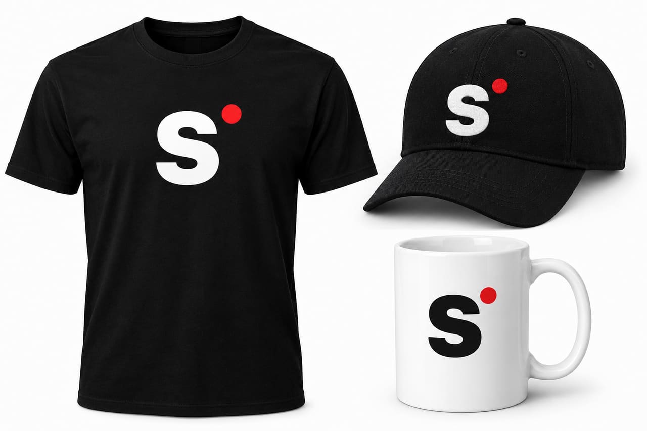 Black tee, black cap and white mug each carrying the Spinn S-dot monogram