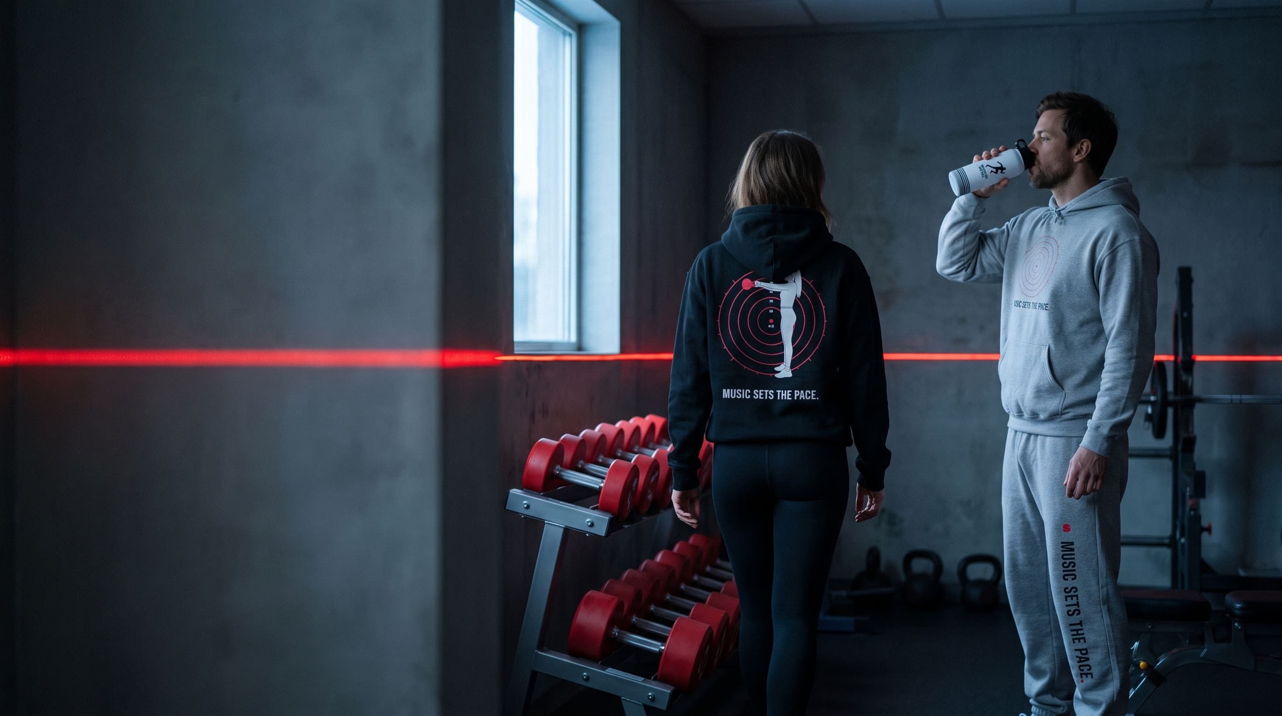Two athletes in a dark gym at dawn: a woman seen from behind in the black Swing hoodie, and a man in the grey Tempo Rings hoodie and grey Pace sweatpants drinking from the white Sprint bottle