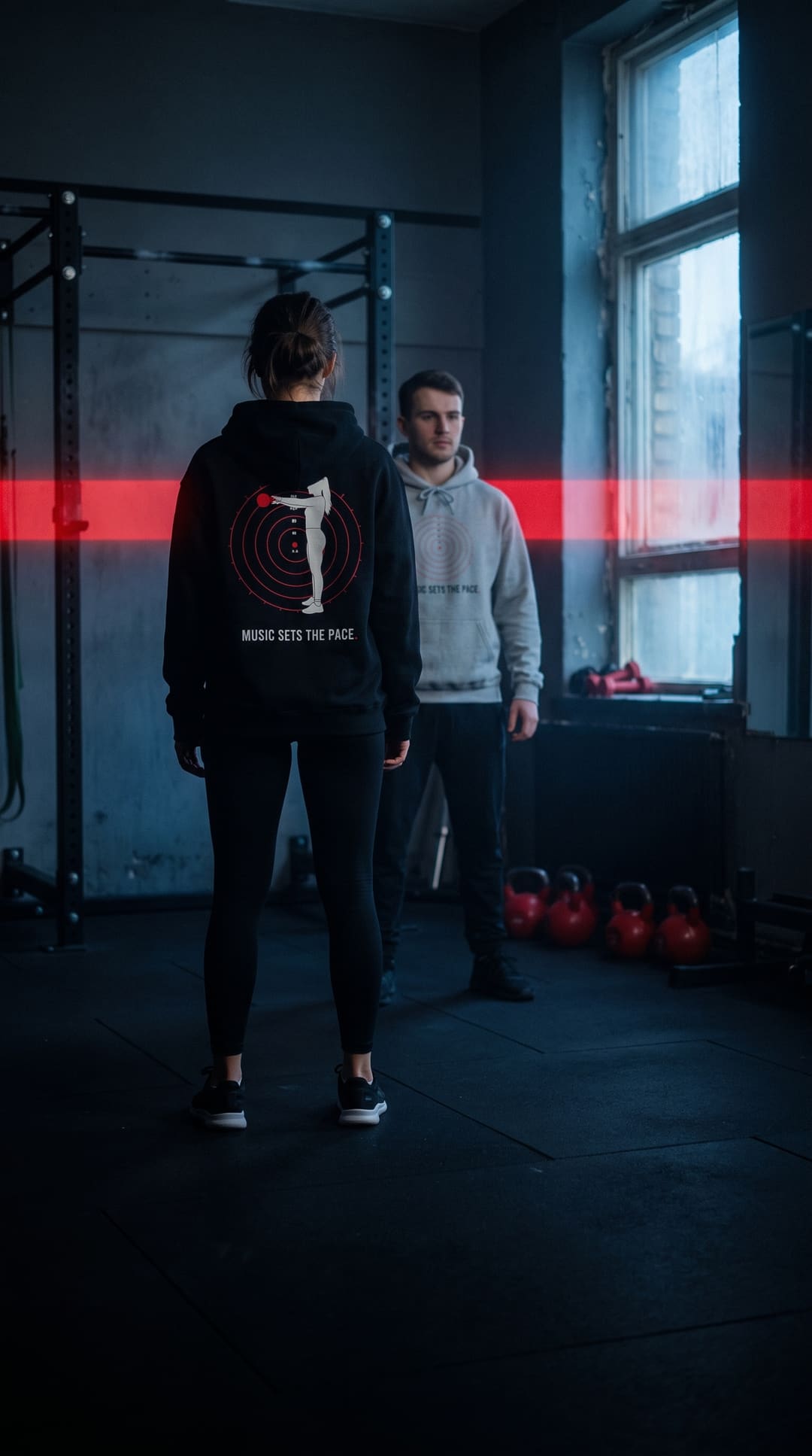 A woman in a dark gym seen from behind in the black Swing hoodie, its kettlebell-swing print on the back, beside a man in the grey Tempo Rings hoodie