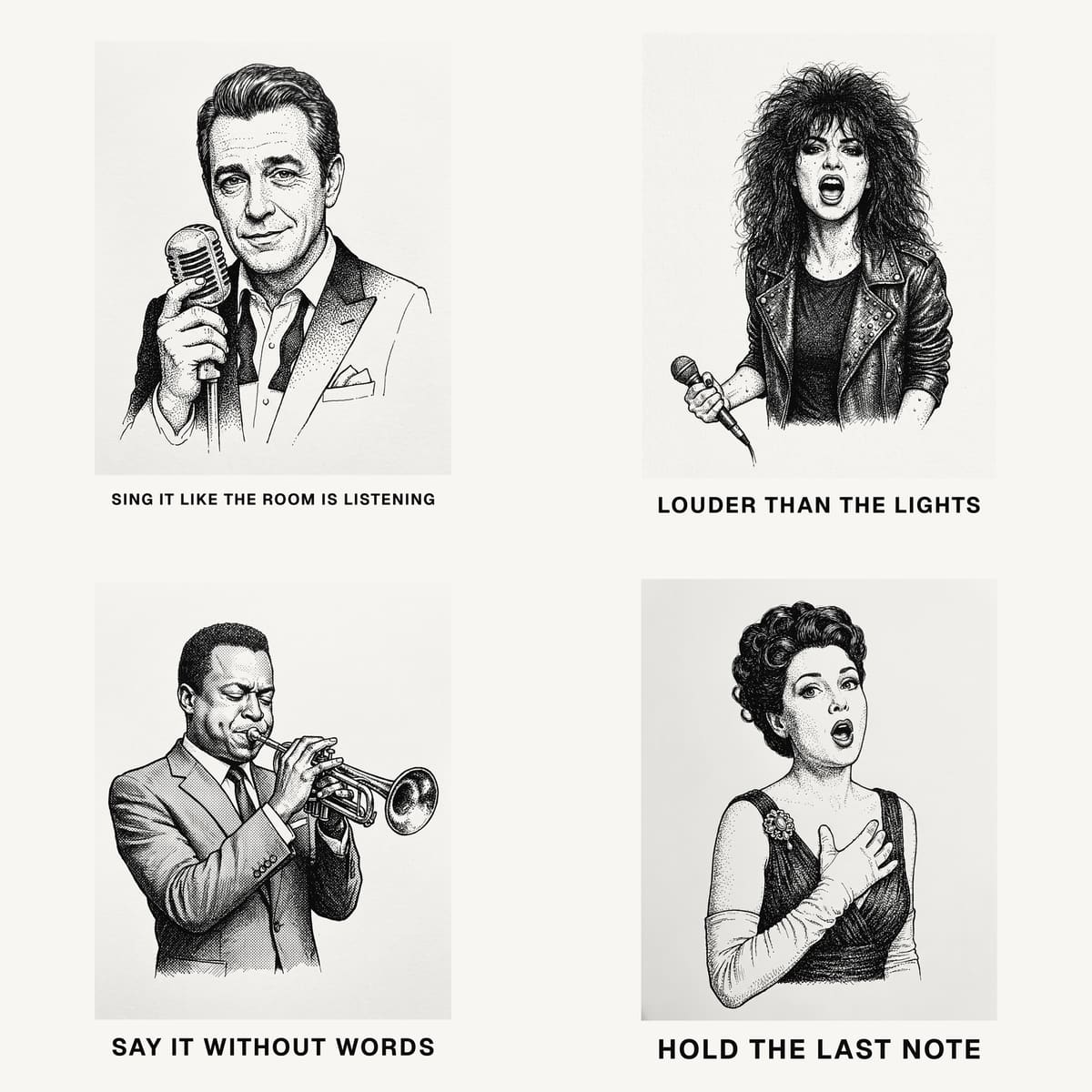 Four hand-drawn ink portraits of invented music archetypes on white paper