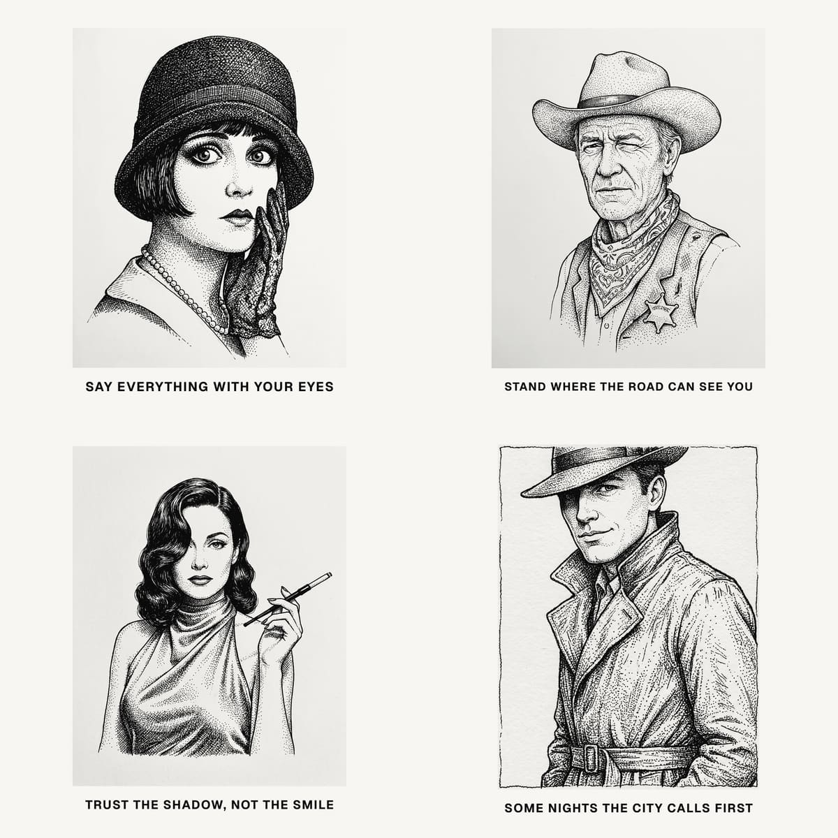 Four hand-drawn ink portraits of invented screen archetypes on white paper