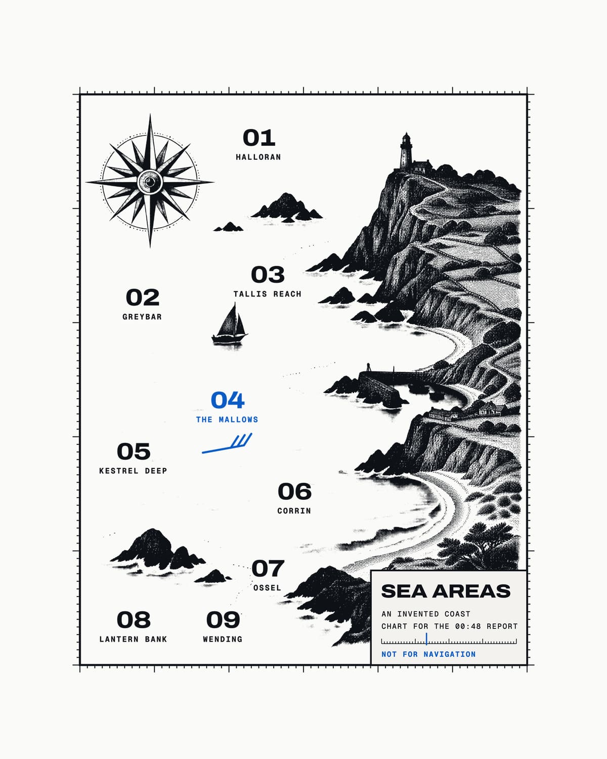 The Chart: an engraved invented coastline with nine numbered sea areas and a compass rose